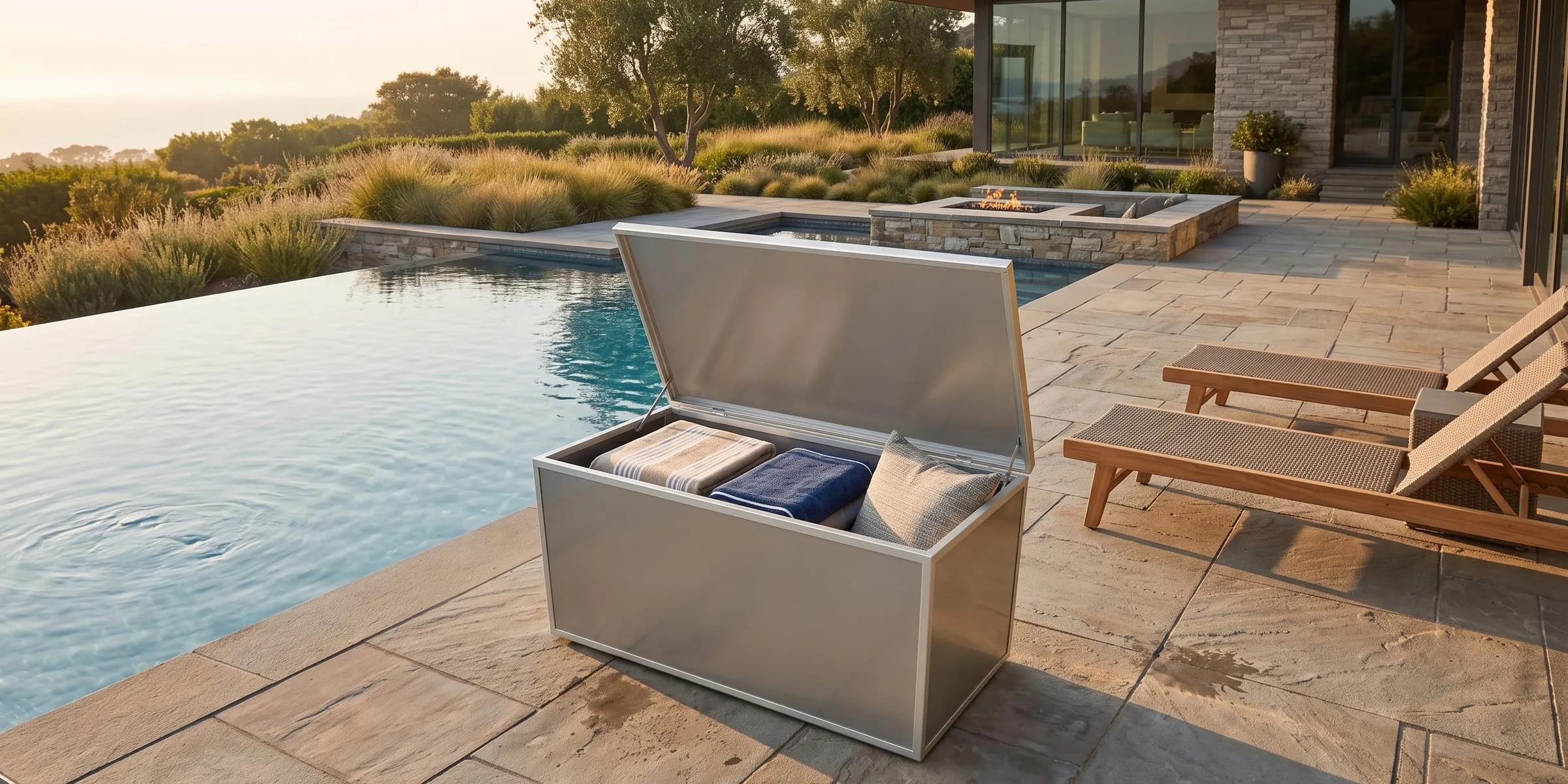 Aluminium deck storage box beside a pool, lid open with towels and cushions inside
