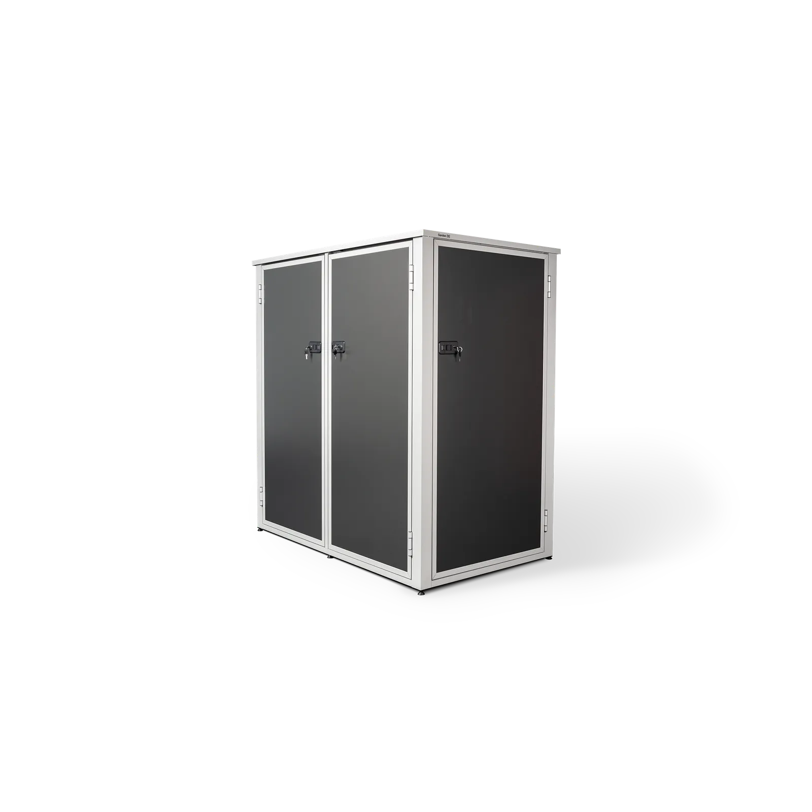 Type U outdoor storage unit in Graphite from the side, showing the side door