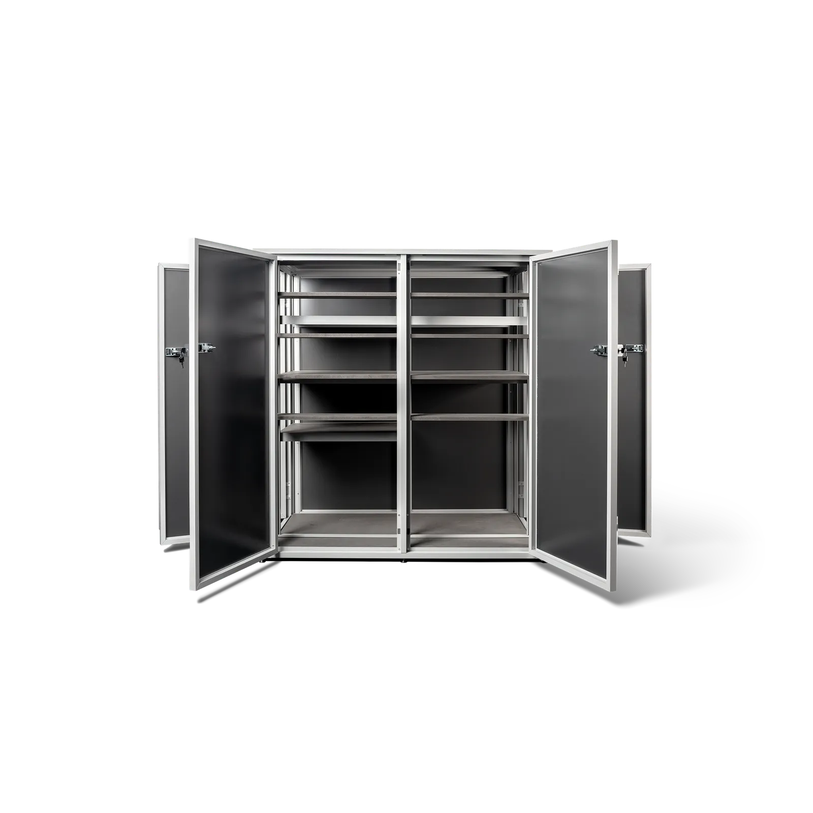 Type M outdoor storage unit in Graphite, all four doors open