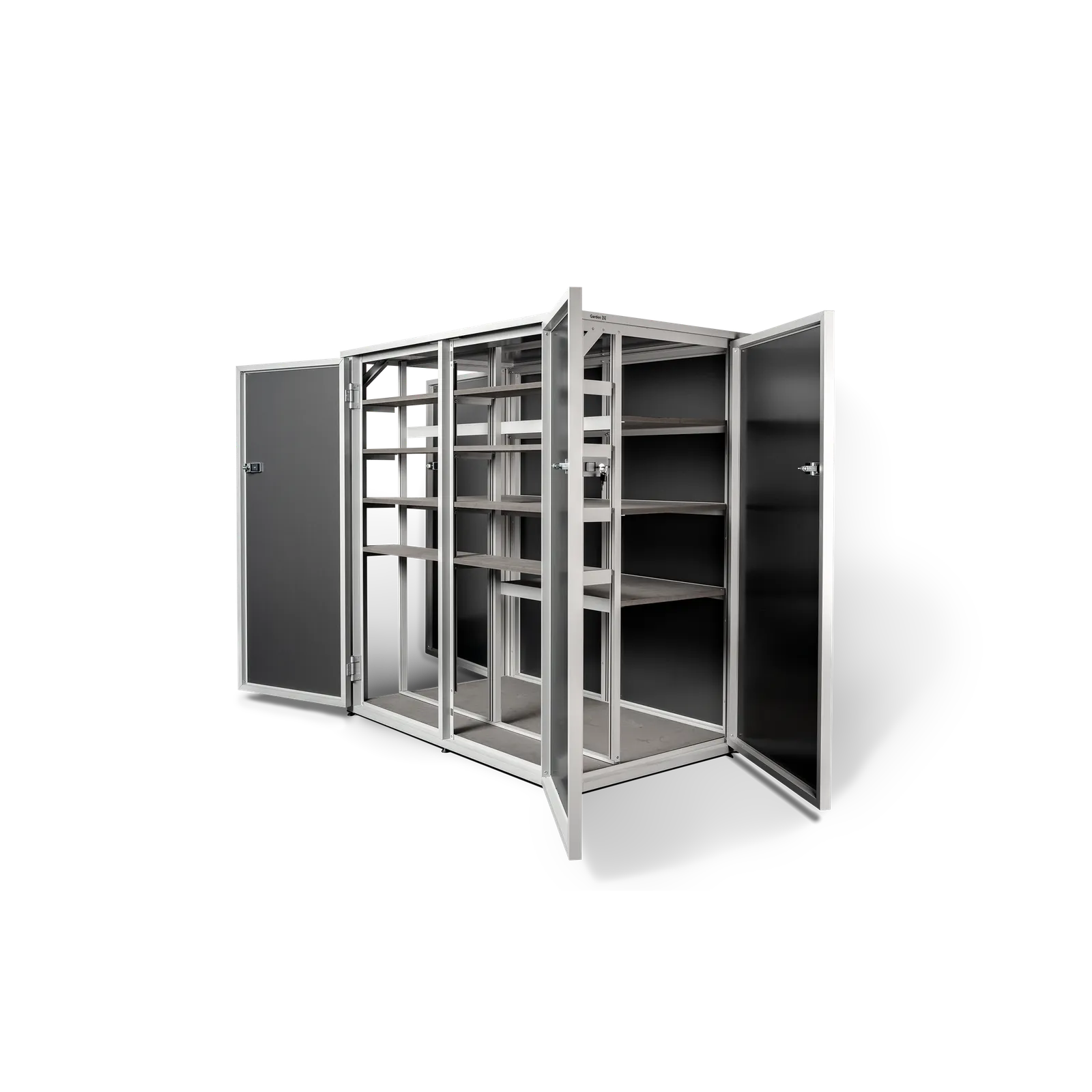 Type M outdoor storage unit in Graphite from the side, all doors open
