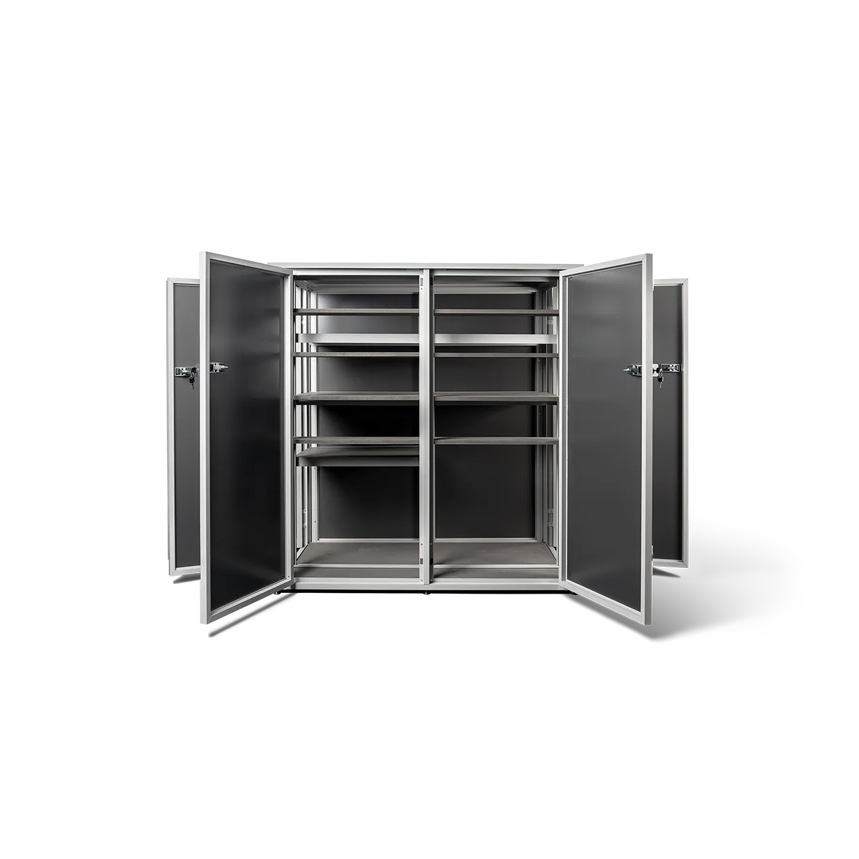Type M outdoor storage unit with all doors open