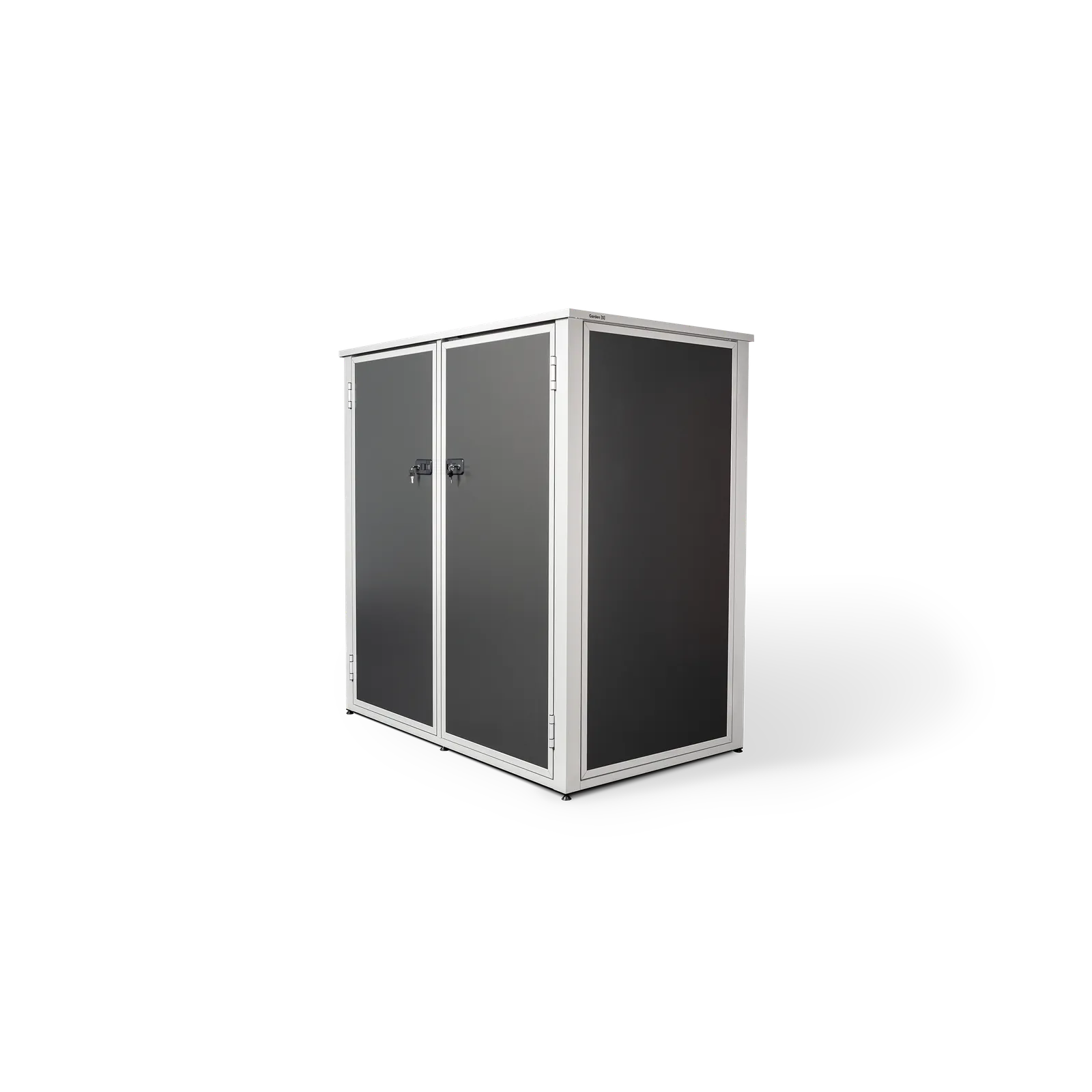 Type S outdoor storage unit in Graphite from the side, doors closed