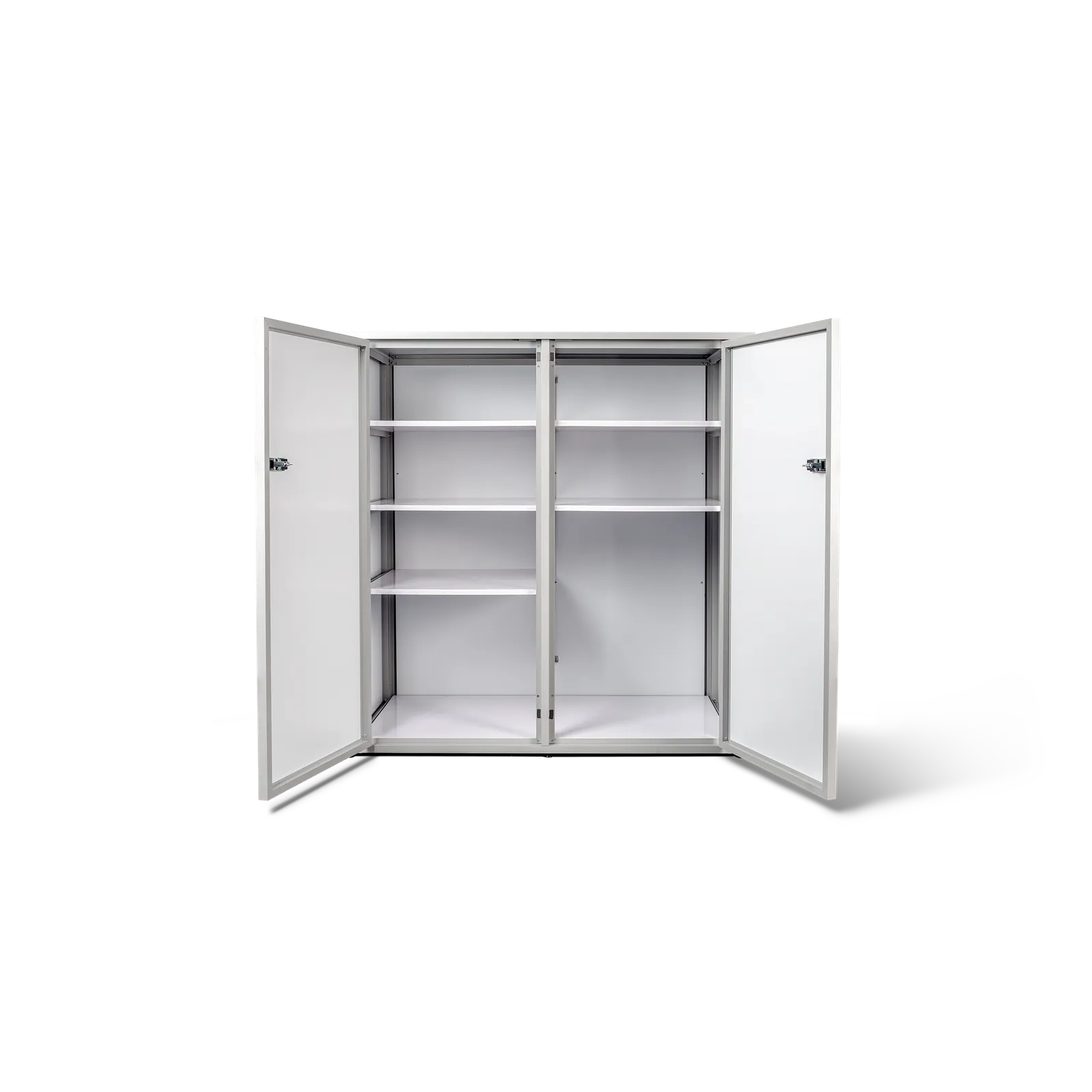 Type S outdoor storage unit in White, both doors open showing the shelves
