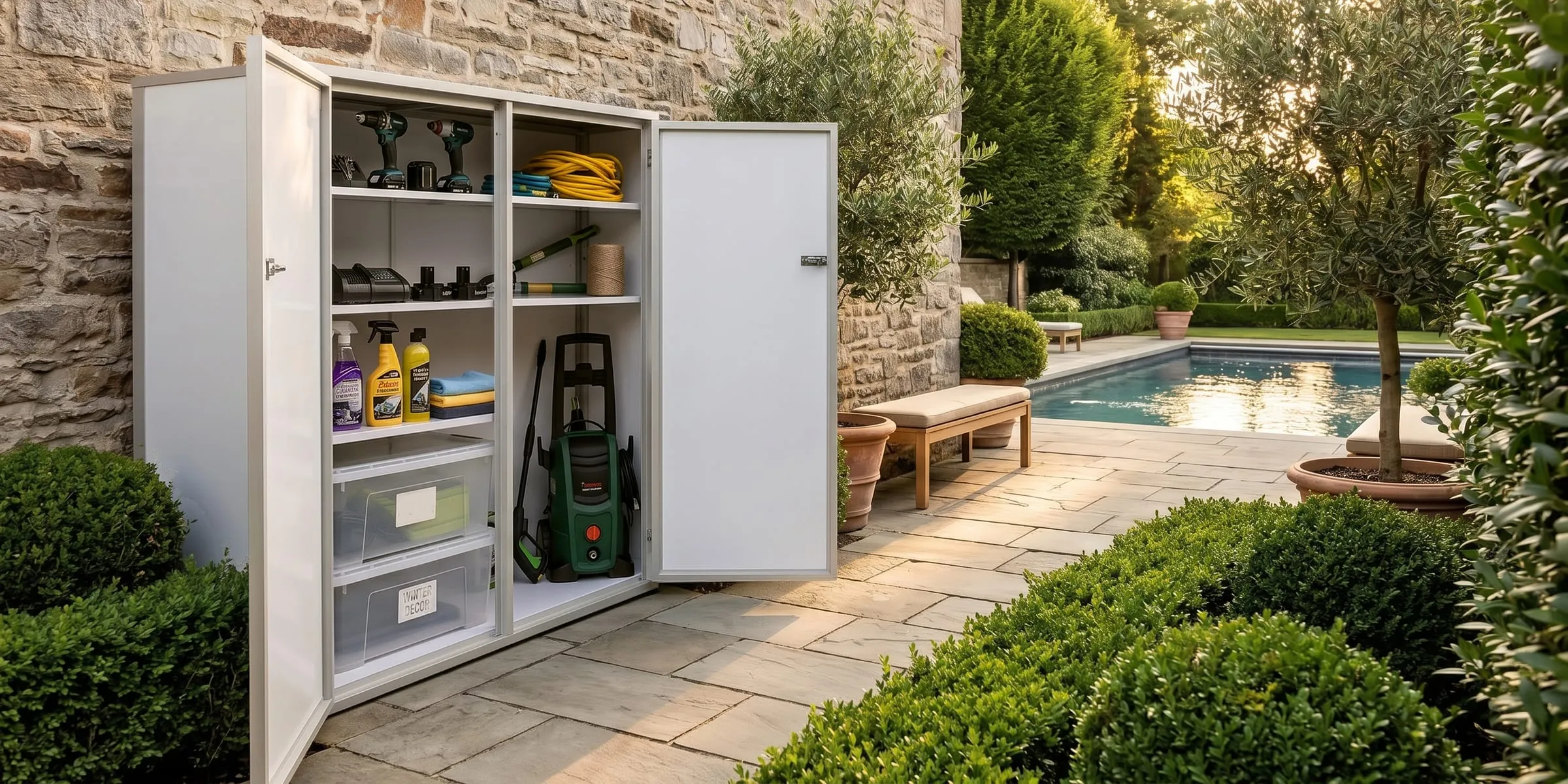 Type S outdoor storage unit in White against a stone wall beside a pool, doors open with tools and cleaning products on the shelves