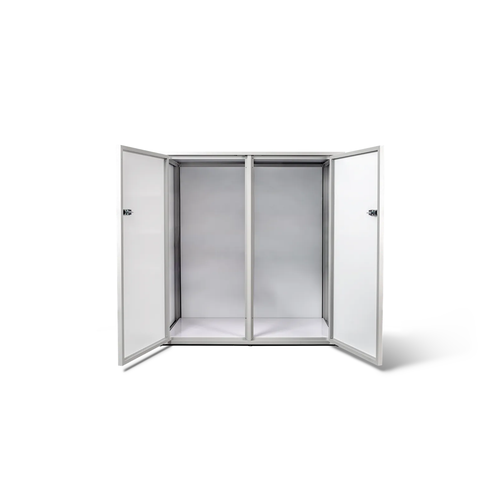Type U outdoor storage unit in White, doors open with open floor space